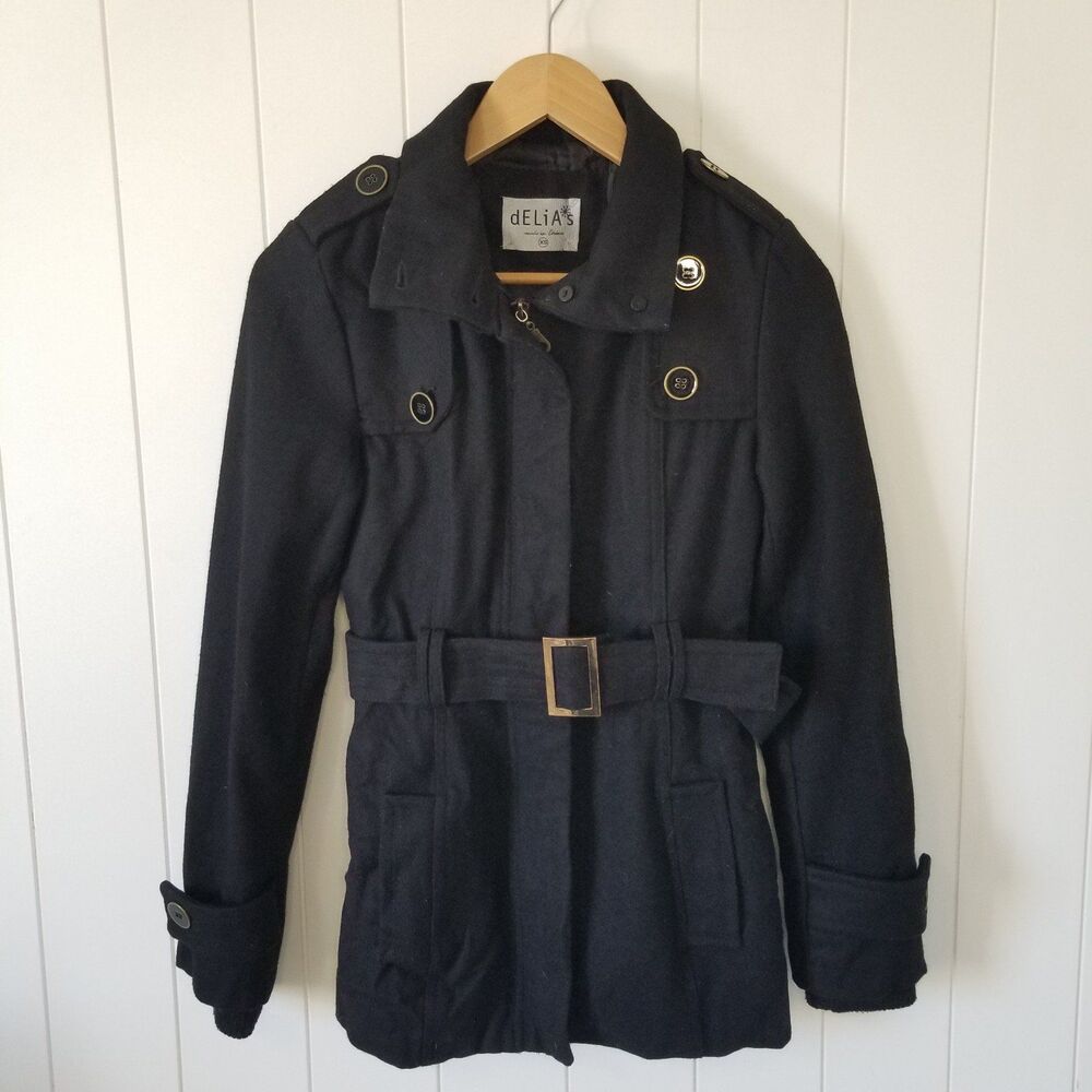 Delias Jacket Womens Size XS Black Pea Coat Belted Waist Y2k Retro Goth